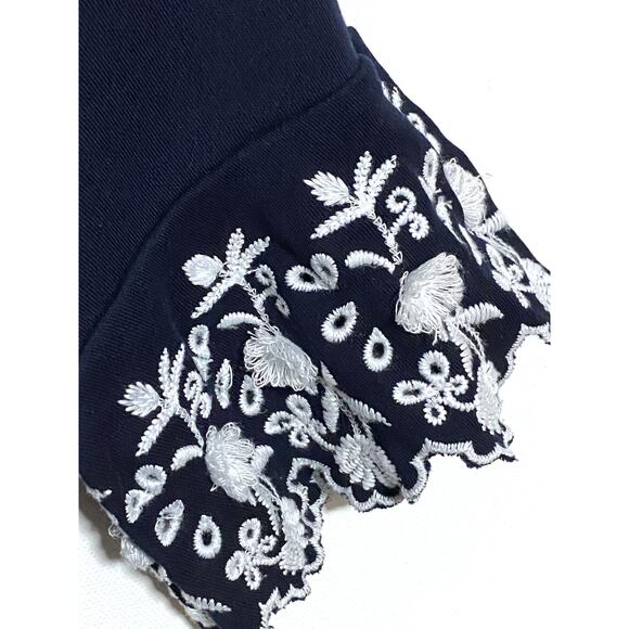 Talbots Dress XS Navy Blue White Embroidered Sleeve Preppy Coastal Boho Chic - Picture 3 of 6